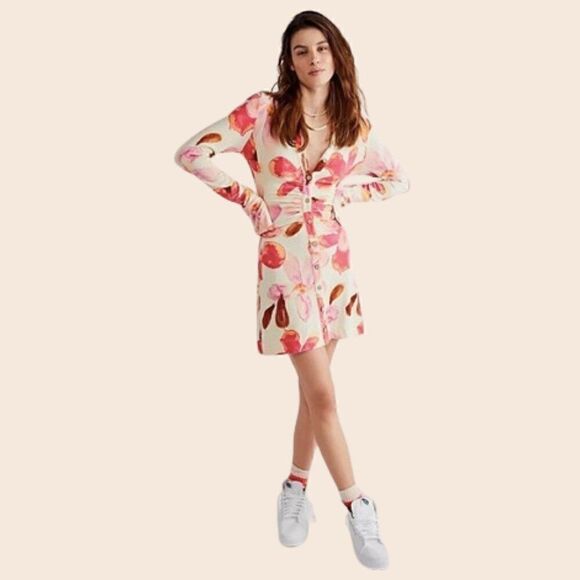 Free People Cream and Pink Watercolor Floral Knit Mini Dress Size Small - Picture 1 of 12